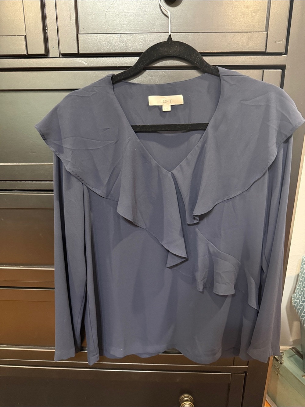 LOFT Navy Blue Ruffle V-Neck Blouse